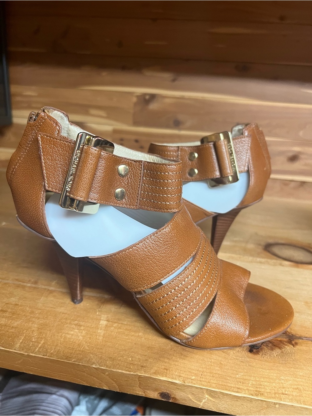 Michael Kors Cognac Leather Strappy High Heel Sandals with Gold Buckle